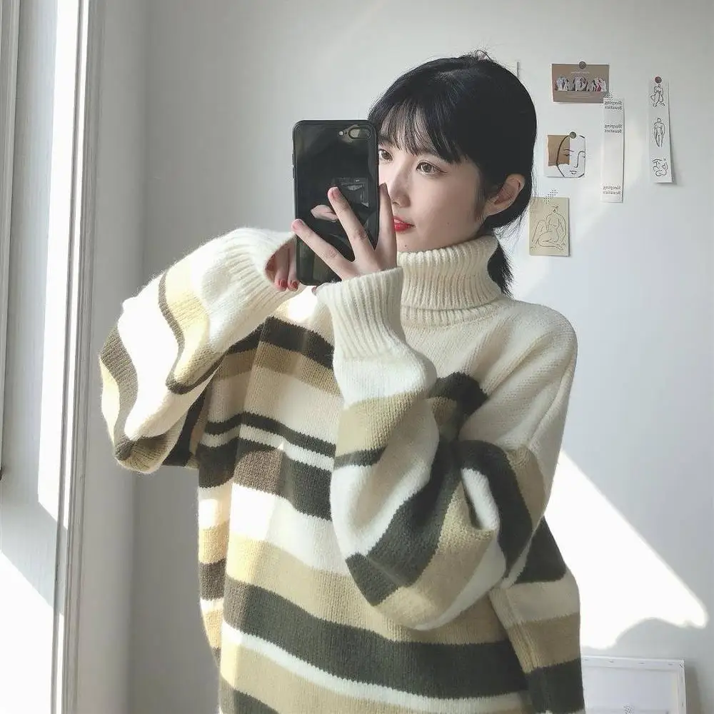 

pullovers Women Soft Autumn turtleneck Sweaters Chic Daily Tops Womens Pullover Sweet Student Stripe Harajuku Knitted Loose Outw