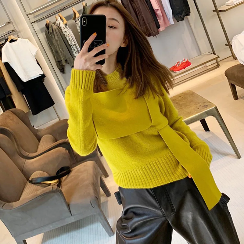 yellow WOMENGAGA, Осень-зима, новая модная трендовая одежда, длинный рукав, сплошной цвет, высокий воротник, свободный ассиметричный свитер DG050 - Цвет: yellow