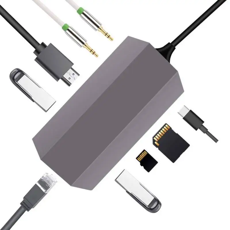 9in1 usb-концентратор Тип с разъемами типа C и HDMI 4K 2 Порты и разъёмы USB3.0 концентратор SD устройство для считывания с tf-карт RJ45 звуковая карта с интерфейсом USB 3,5 мм аудиоразъем USB-C зарядка PD 11