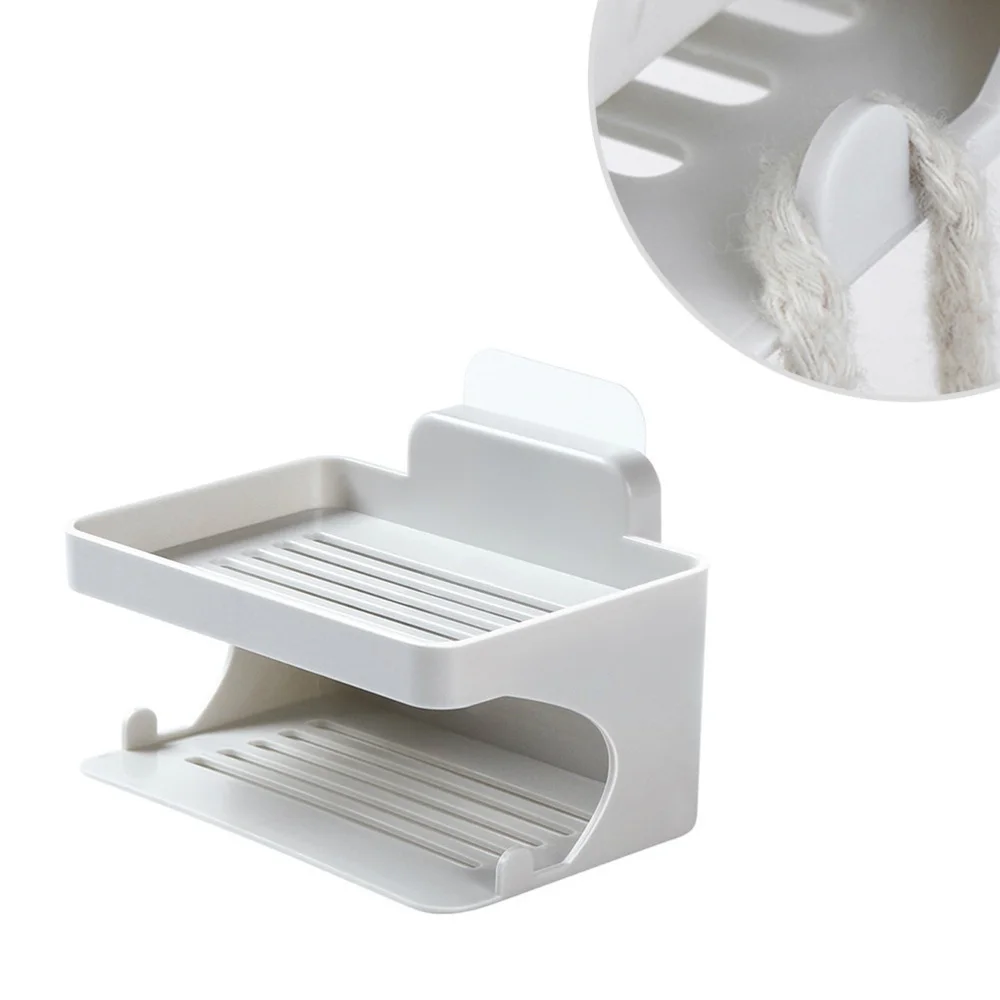 

1pc Soap Drainer Box Soap Rack Wall Mounted Double Layer Non Trace Viscose for Bathroom Kitchen (Greyï¼‰