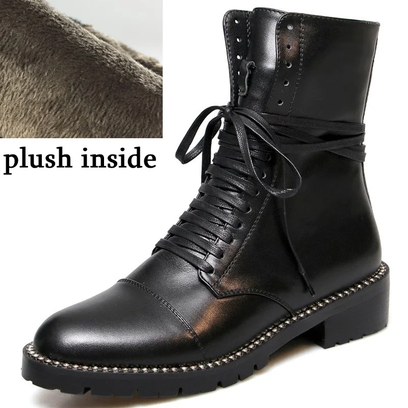 ALLBITEFO/женские ботинки из натуральной кожи; сезон осень-зима; Модные ботильоны для девочек; рыцарские сапоги; удобная дышащая обувь - Цвет: plush inside