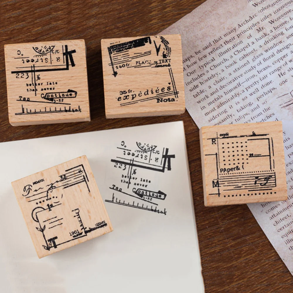 

4Pcs/Set Wooden Rubber Stamps Seal Set Recollecting Memories Series Stationery Account Decoration DIY Natural Stationery Stamp