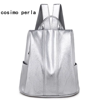 

Fashion Silver Backpacks for Women 2020 PU Leather Antitheft Bagpack Black Bookbags Sac a dos Mochilas Mujer Travel Rucksack