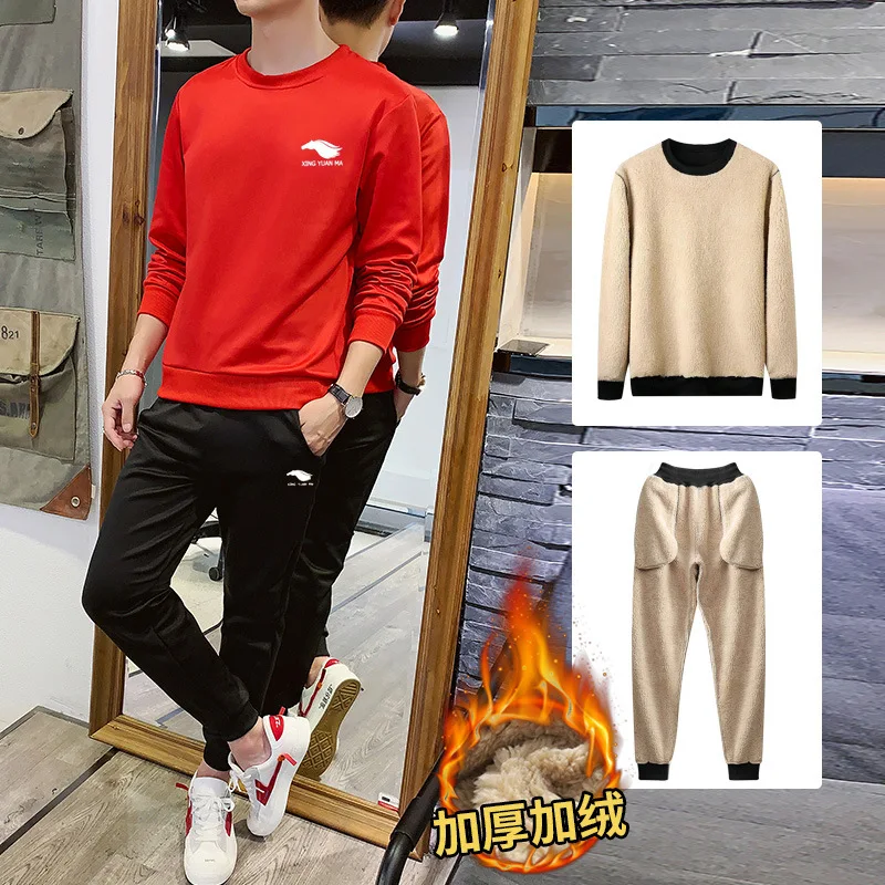 

Men Leisure Sports Suit 2019 Winter New Style Berber Fleece Set plus Velvet Trend Warm Men Two-Piece Set