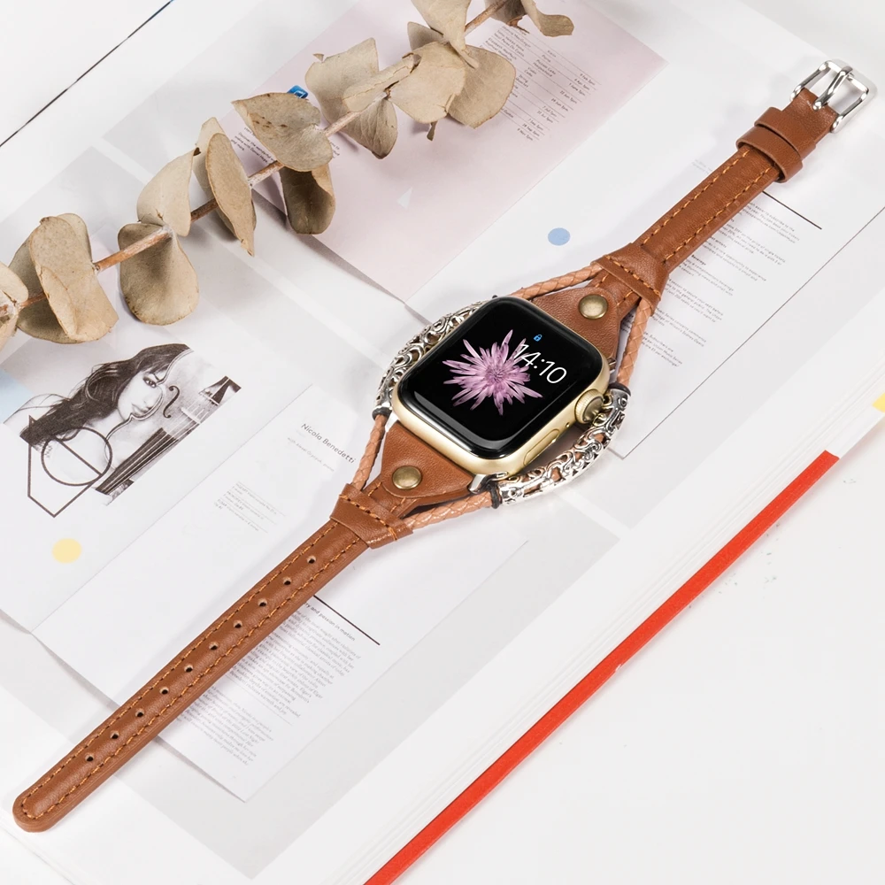 Кожаный ремешок для Apple Watch Band 38 мм 42 мм для женщин ручной работы твист полоса винтажные заклепки с металлическим веревочным ремешком iwatch Series 4 3 2