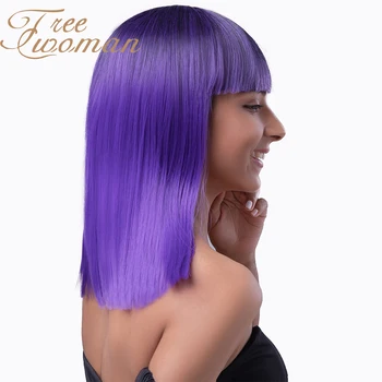

FREEWOMAN Ombre Purple Mixed Straight Synthetic Wig With Bangs Medium Length Wigs for Women Purple Wig Heat Resistant Hair