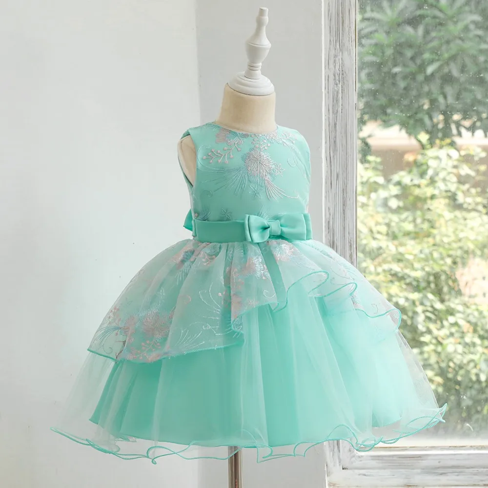 Рождественское платье принцессы; новое платье для девочек; зеленая детская одежда с вышивкой; ; кружевное детское платье без рукавов с бантом для девочек
