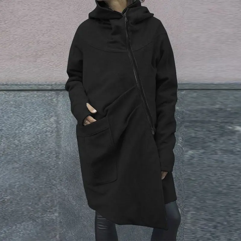 ZANZEA женская зимняя Водолазка с длинным рукавом Толстовка пальто на молнии толстовки куртки женские Irregualr Верхняя одежда Повседневная флисовая куртка S7 - Цвет: Черный