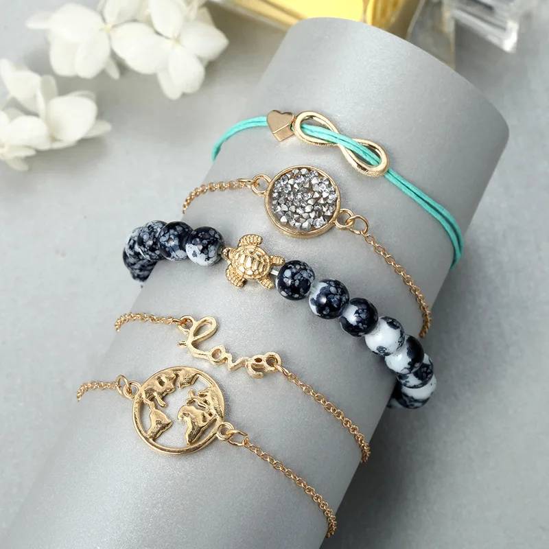 

2020 Bracelets & Bangles And American Women's Knitting Rope Love 8 Letters Turtle Grey Beads Drilled Bracelet Five Pieces Suit