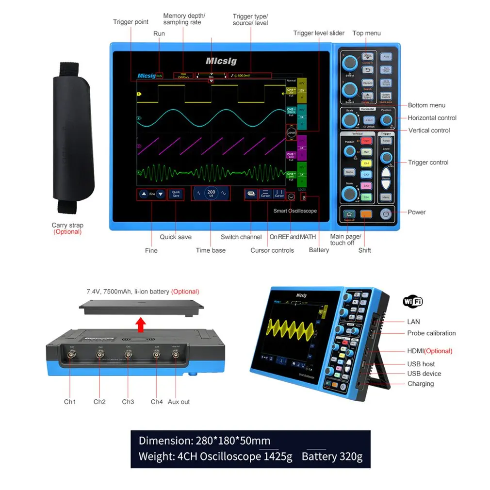 

Micsig Tablet Oscilloscope STO1104C 100MHz 4CH 1GSa Storage Touchscreen with battery