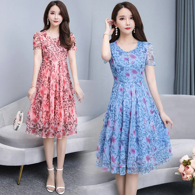 

Summer Wear for Women 2019 New Style Korean-style Belly Covering Slimming Elegant over-the-Knee Mid-length Chiffon Dress Fashion