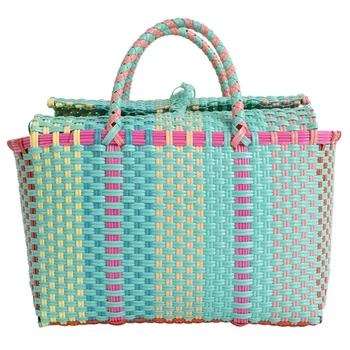 

Capacity Heavy Duty Handmade Woven Pp Plastic Handbag Summer Beach Basket Bag Green Plaid Checks Teacher Tote Shopping Bag