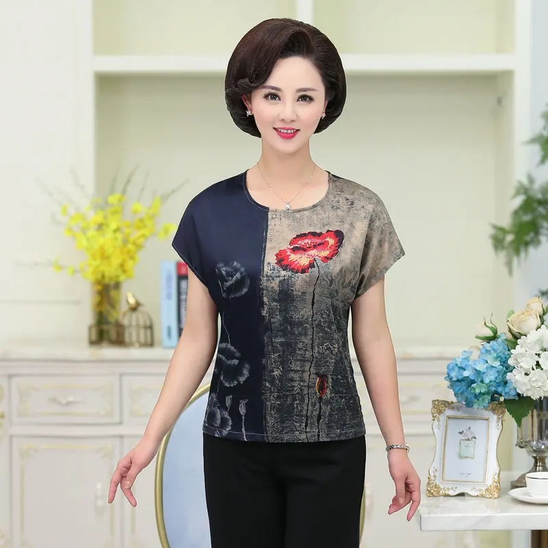 

Middle Aged Women Summer Silk Blouses Green Red Flower Round Neck Short Sleeve Drop Shoulder Design Tops Mature Woman Casual Top