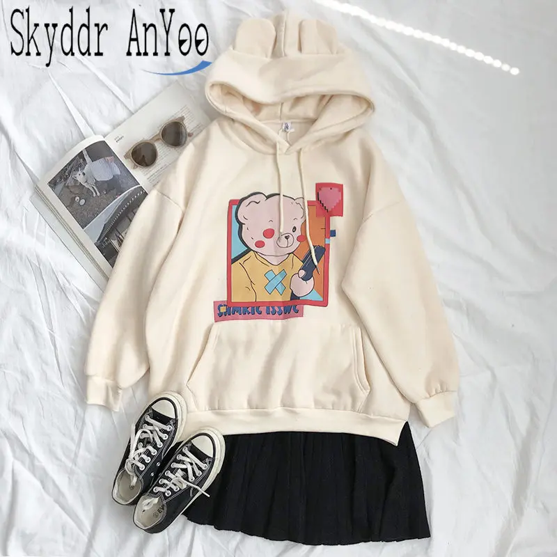 

women fleece hoodie sweatshirts winter kpop cartoon print kawaii oversize ladies pullovers warm pocket harajuku hooded jacket