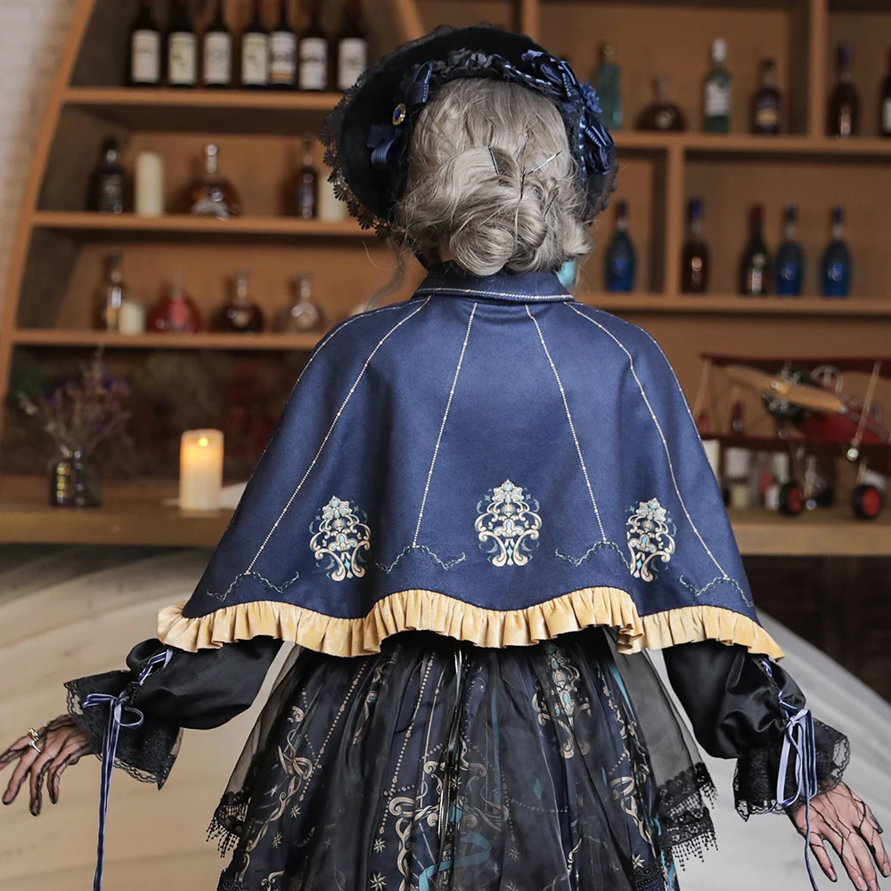 Melonshow Gothic Cape Coat Cloak Tops Outerwear Shawl Poncho Women Plus Size Blue Casual Print Sleeveless Ruffle Lined
