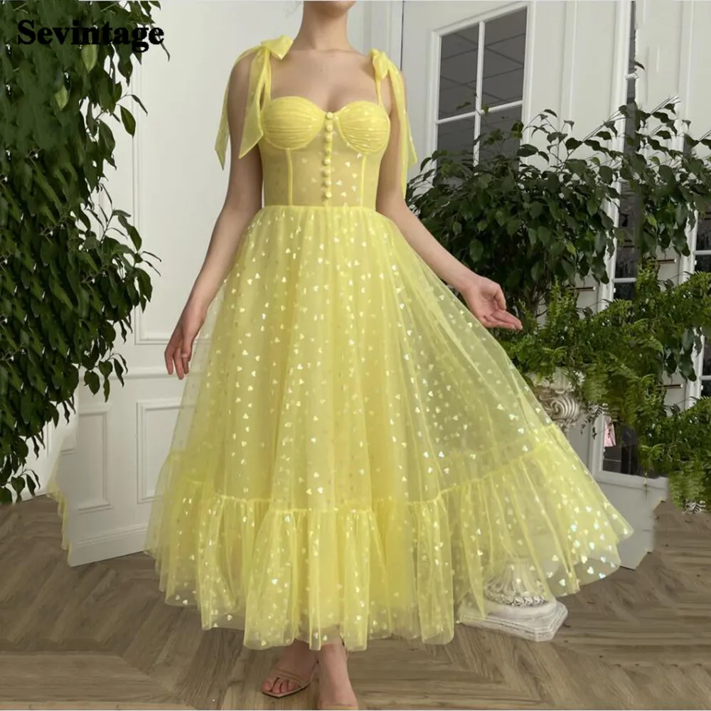 Sevintage Yellow Hearty Tulle Short Prom Dresses Ruffle Buttons Bow