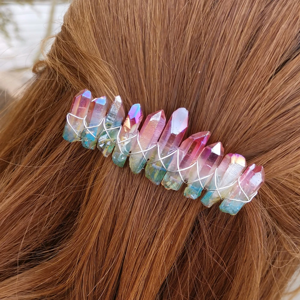 Pink Green -8cm Aura кварцевый кристалл Корона натуральный сырой матовый Радужный камень опал Ангел Аура золотой гребень Свадебная Принцесса аксессуары для волос - Окраска металла: Pink Green -8cm