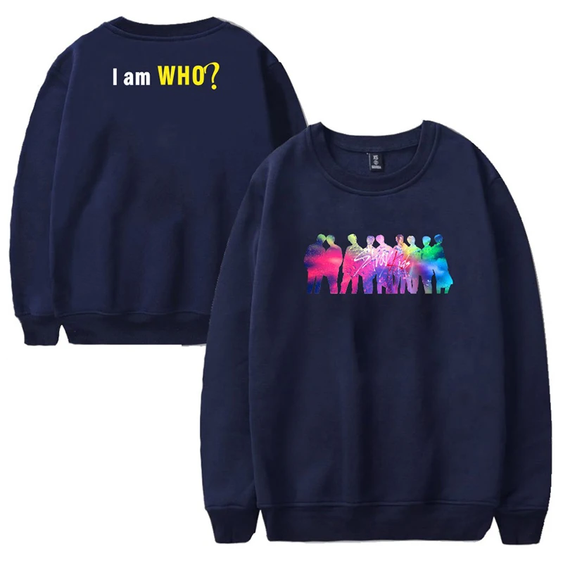 Синий KPOP Stray Kids Album I AM WHO/свитер с круглым вырезом для мужчин и женщин Молодежный Повседневный свободный весенне-осенний дропшиппинг - Цвет: Синий