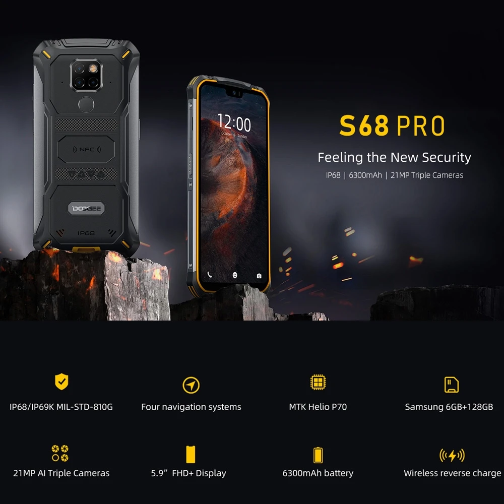 DOOGEE S68 Pro IP68/IP69K Rugged Phone Android 9.0 Helio P70 Octa-Core 6GB RAM 128GB ROM 5.84" FHD+ Display 16MP 4 Cams 6300mAh