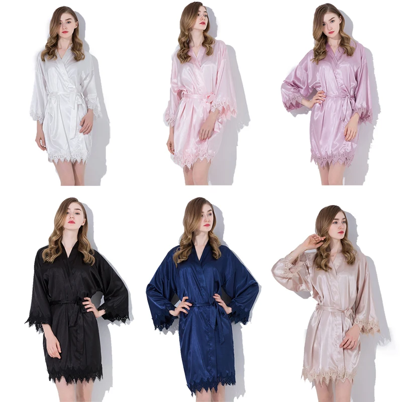 

YUXINBRIDAL 2019 New Silk Satin Lace Silk Robe Trim Gown Wedding Bride Robes Bridesmaid Kimono Sleepwear for Bridal Party