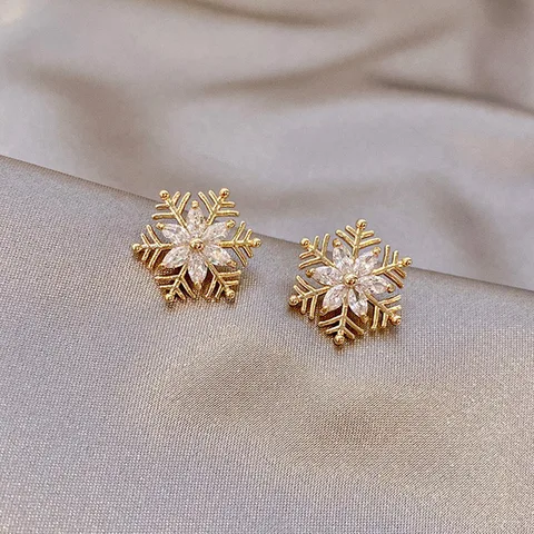Zircon Christmas Snowflake Stud Earrings for Women Shiny Rhinestone Crystal Flowers Earring Christmas New Year Gifts