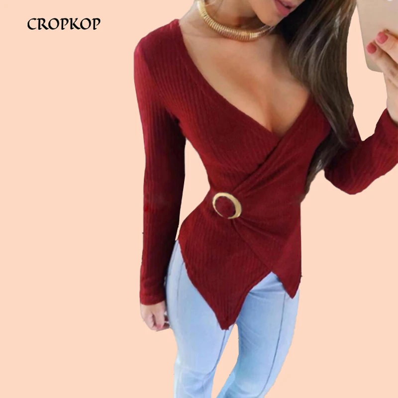 

Sexy Deep V Neck Metal Buckle Long Sleeve T Shirt Women Casual Solid Color Cotton Autumn Tshirt Winter Irregular Tops Streetwear