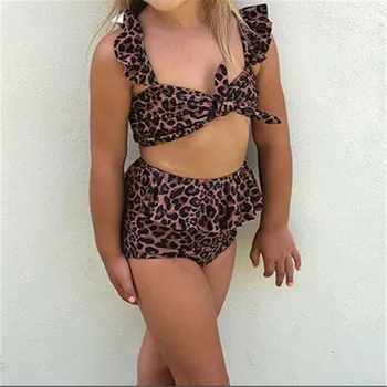 

Toddler Girl Ruffled Leopard Print Bowknot Decor Bikini Swimsuit Set Swimwear Bathing Suits