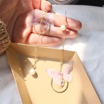 

Korean Retro Asymmetric Butterfly Imitation Pearl Earrings Fashion Brincos Long Statement Earrings Jewelry