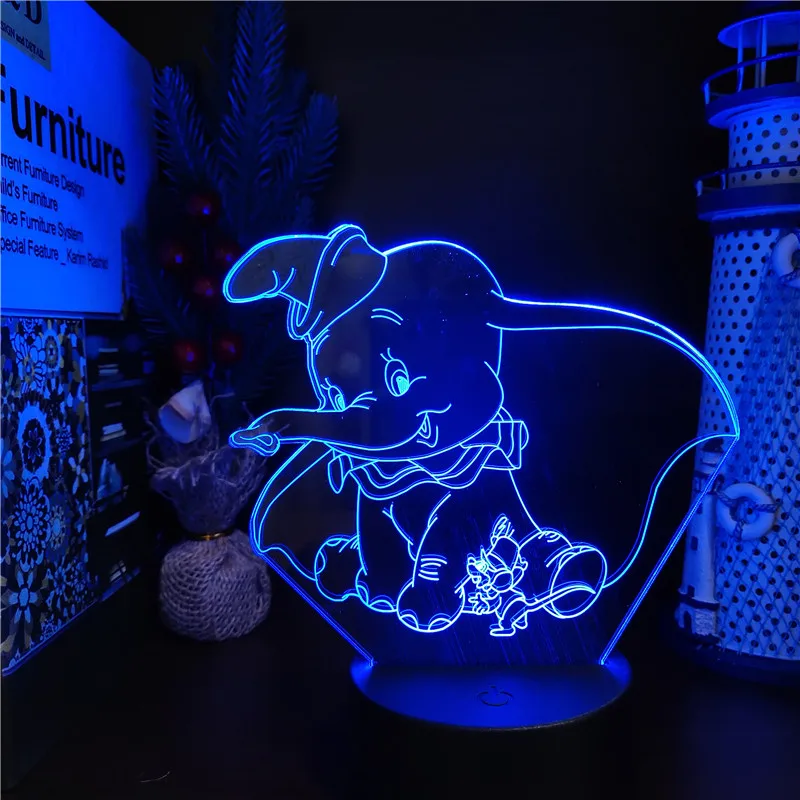 Disney Cartoon 3D Visual Light LED Dumbo Figure Night Lamp For Kids Child Bedroom Decor Nightlight Color Changing Desk Lamp Gift