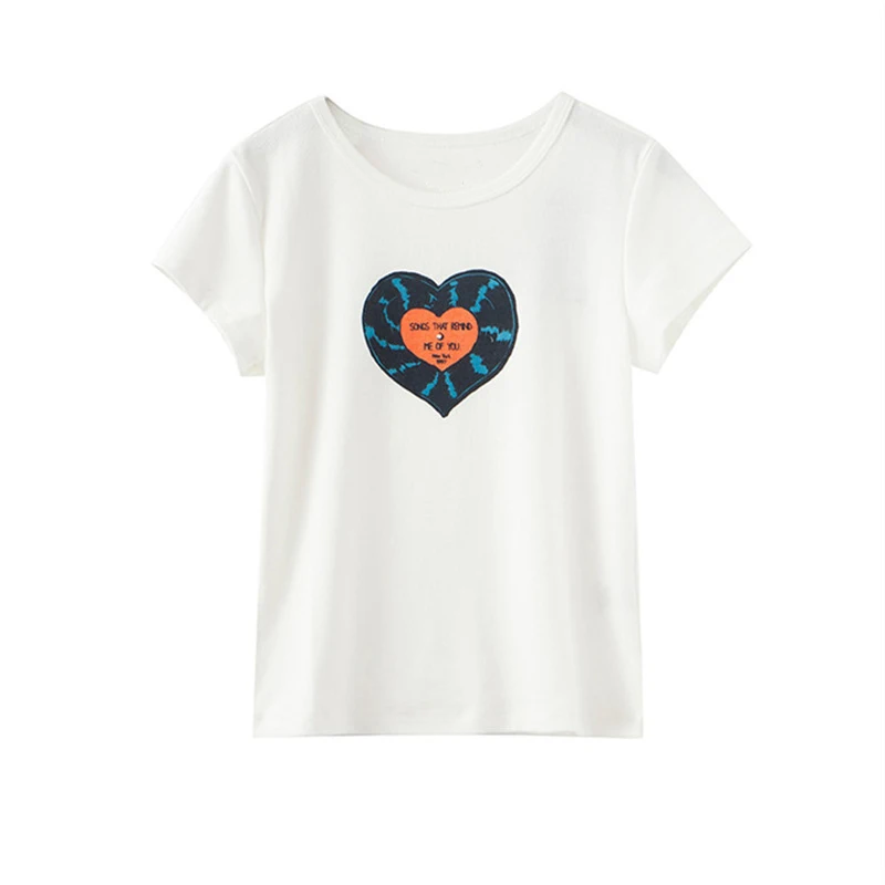 

PUWD Sweet Girls White O Neck Slim T-Shirt 2022 Summer Fashion Ladies Print Short Sleeve Tops Y2K Vintage Women Streetwear Tees