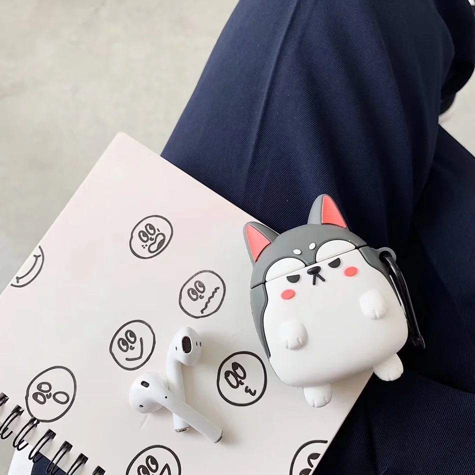 Чехол для AirPods с мультяшным рисунком, чехол для наушников для Apple Airpods 2, чехол для зарядки, защитные аксессуары, крючок карабина - Цвет: Husky