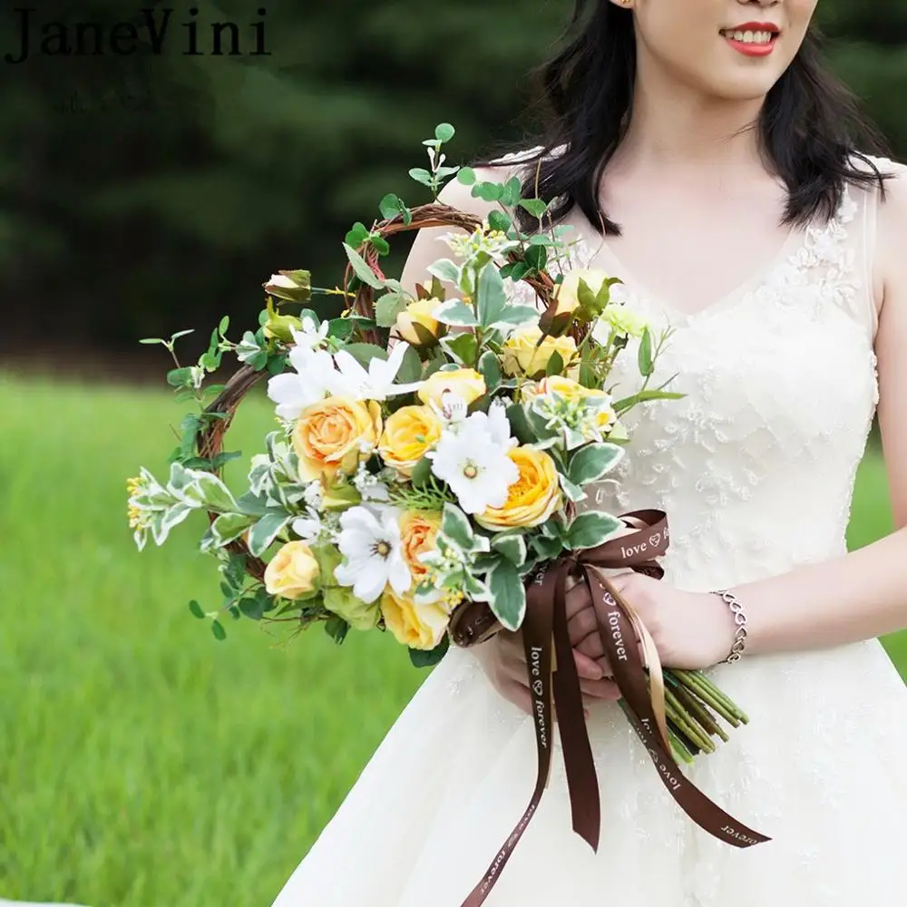 JaneVini Yellow Heart-shaped Brides Bouquet Wedding Flowers Silk Rose Artificial Bridal Bouquets Handle Brooches ramo rosas