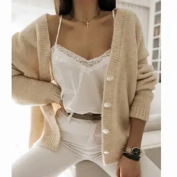 

Women Button Loose Knit Cardigan Women Sweaters Autumn Winter 2020 Casual V -Neck Cardigans Breasted Knit Loose Sweater