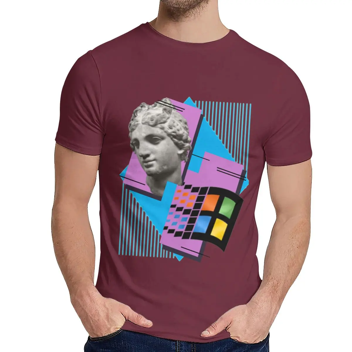 Vaporwave Windows 95 1995 Ретро музыкальная футболка с круглым воротником для отдыха Аниме для мужчин хлопок размера плюс футболка - Цвет: Бургундия