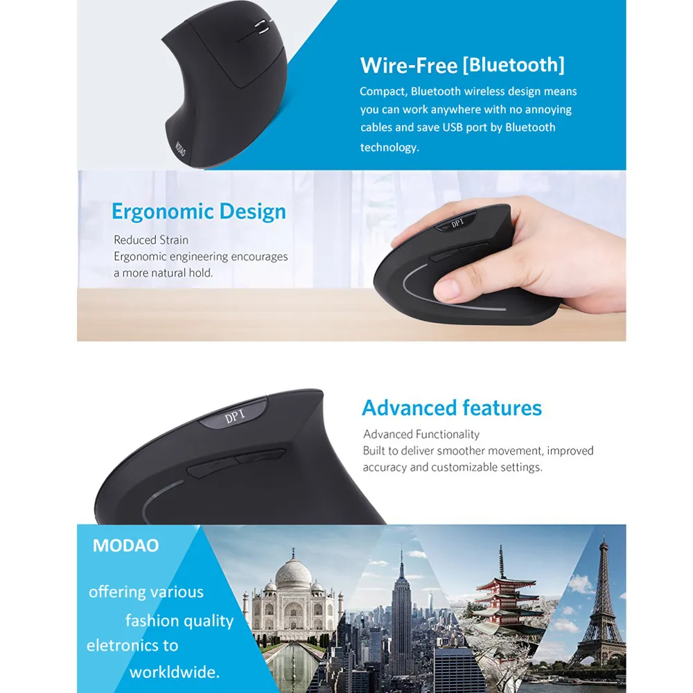 MODAO эргономичная BLUETOOTH Вертикальная мышь с 3 регулируемыми dpi 1600dpi ABS+ матовое масло для Windows macOS Linux эргономичный дизайн