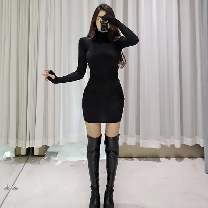 

2019 New Style High Collar Sexy Tight Sheath Slimming Base Dress Female Black Nightclub WOMEN'S Dress nei da qun Sub-
