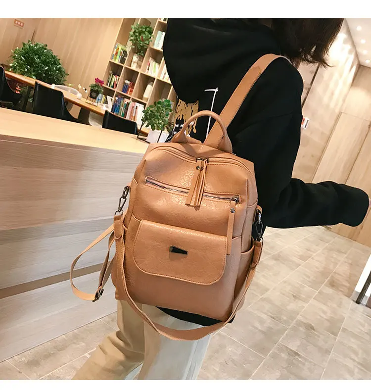College Style Retro Multi-Purpose Backpack Women's New Style Campus Soft Leather College Student School Bag Versatile Backp