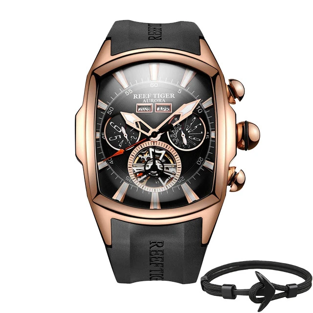 Топ бренд Reef Tiger Reloj Hombre Роскошные Tourbillon циферблат автоматические часы с резиновым ремешком механические водонепроницаемые мужские часы даты Relogio Masculino+ подарок - Цвет: RGA3069-PBB Box Gift