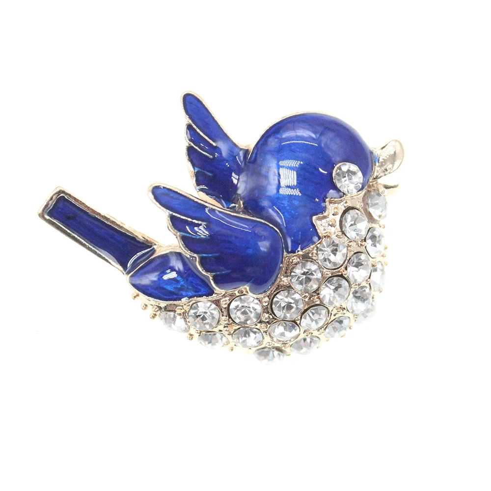 

10pcs/lot 40*35mm Blue Enamel Sparrow Bird Brooch Pin Gold Tone Rhinestone Crystal Animal Bird Wedding Brooches Pins