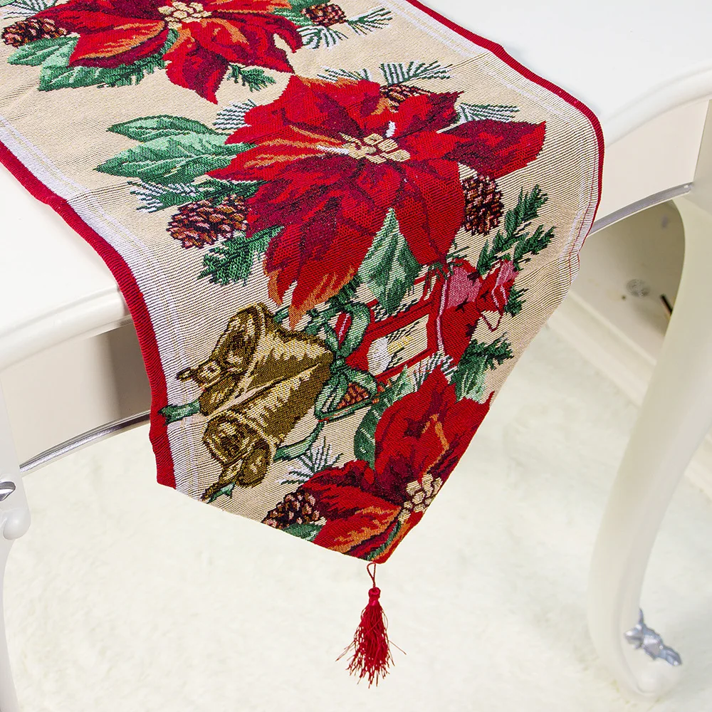 Christmas Tablecloth 180* 35cm Linen Decoration Table Flag Decor Ornaments Snowman/Garland/Flower+Bell