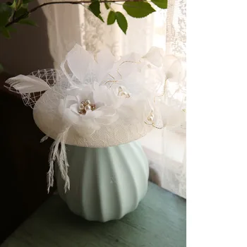 

Mingli Tengda Bride Small Formal Hat Lady Grace Headwear White Wedding Hats Fascinators Accessories Tiara Birdcage Veil Pearls