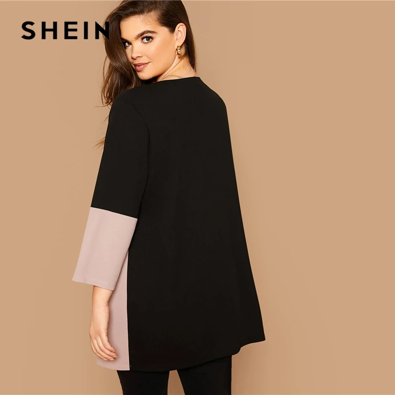 SHEIN, Женское пальто размера плюс, с вырезом и вышивкой, с открытой передней частью, осень 3/4, длина рукава, повседневная, плюс, с цветными блоками, верхняя одежда, пальто