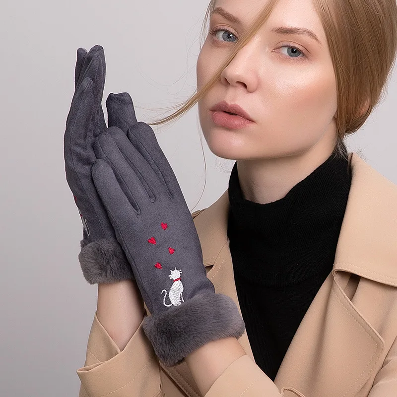 Gants D'hiver Pour Femmes - Écran Tactile, Brodés, Chauds Et Doux En Daim
