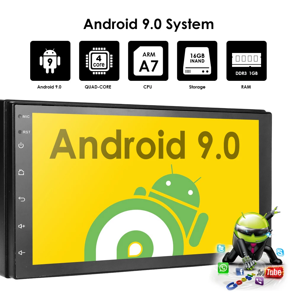 Android 9,0 автомобильный мультимедийный плеер 2 din 7 ''сенсорный fm-радио с Bluetooth gps wifi 1024*600 разрешение экрана
