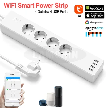 

Wifi Smart Power Strip 4 EU Outlets Plug With 4 USB Port Timing App Voice Control Work With Amazon Alexa And Google Assistant