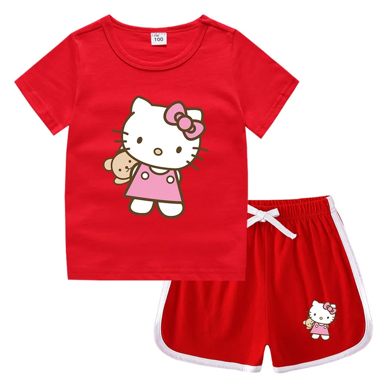 thumbnail image 1 of Hello Kitty-ropa para niños y niñas, Camiseta estampada bonita + Pantalones cortos, sudadera de cuello redondo de algodón puro, traje de camisa Base informal, 1 of 4