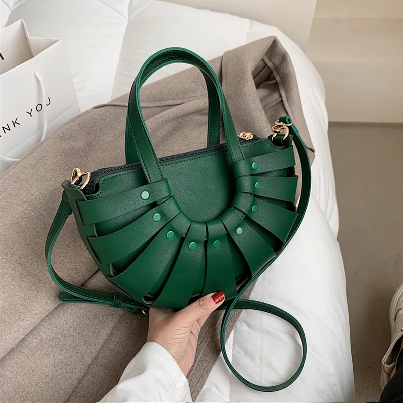

Vintage Hollow Out Shell Women Handbags Designer Brand Half Round Female Shoulder Bags PU Leather Basket Crossbody Bags New 2021