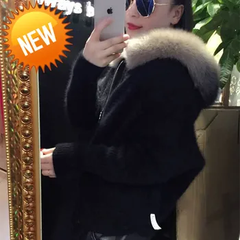 

New 2020 Women Real Mink Cashmere Coat Sweater Women With Natural Fox Fur Collar And Zipper Cardigans Ladies tsr554
