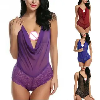 

Sexy V-neck Loose Lace Transparent Body Romper Strap Backless Jumpsuit Underwear Bodysuit For Women
