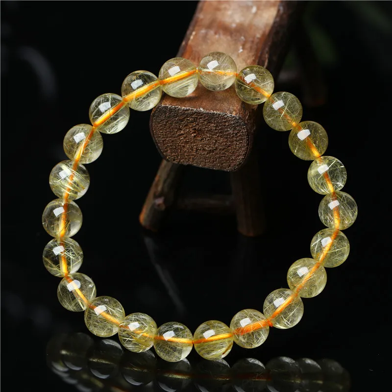 

8mm Natural Gold Rutilated Quartz Crystal Woman Man Wealthy Titanium Round Beads Bracelet From Brazil Jewelry AAAAA